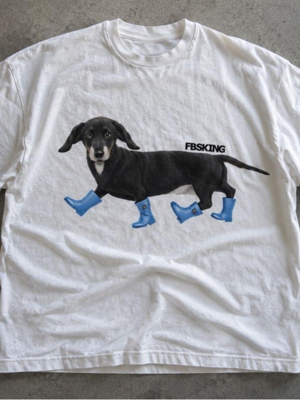 Gildan White T-shirt with Black Dachshund and Blue Boots Graphic